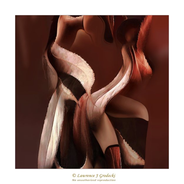 Leaves and feathers blend and float within the female forms.